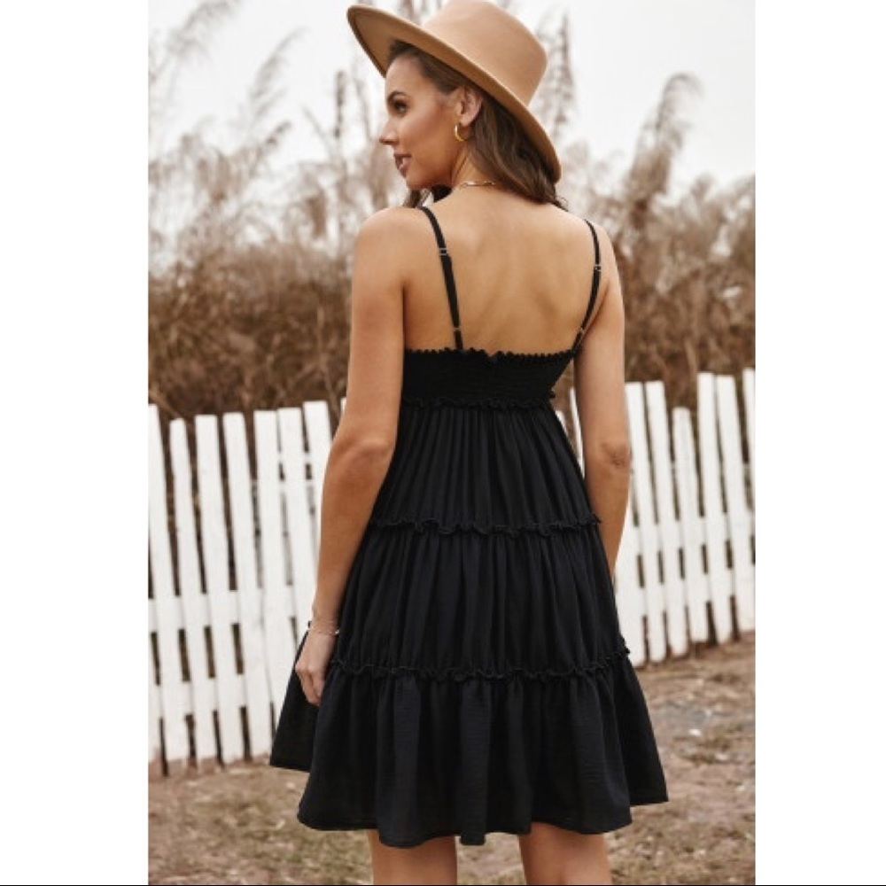 Black Spaghetti Straps Ruched Ruffled Mini Dress - Picture 3 of 5